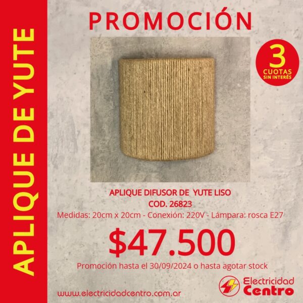 APLIQUE DIFUSOR DE YUTE lISO COD. 26823 3 - Electricidad Centro