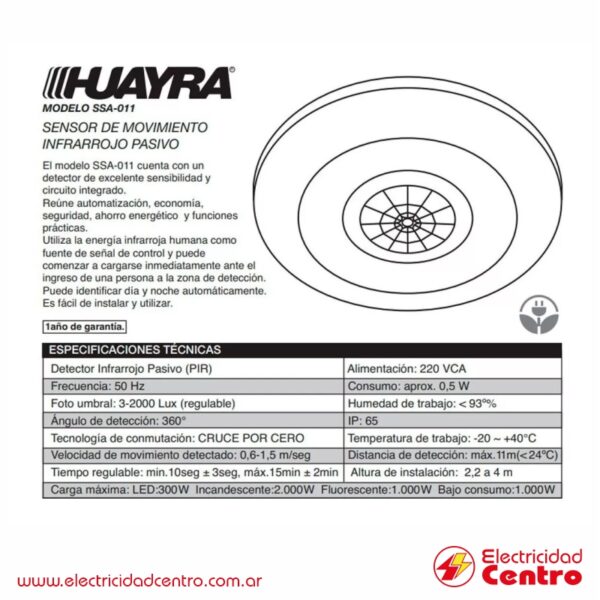 SENSOR MOVIMIENTO HUAYRA TECHO SSA-011 27045 - Electricidad Centro 4